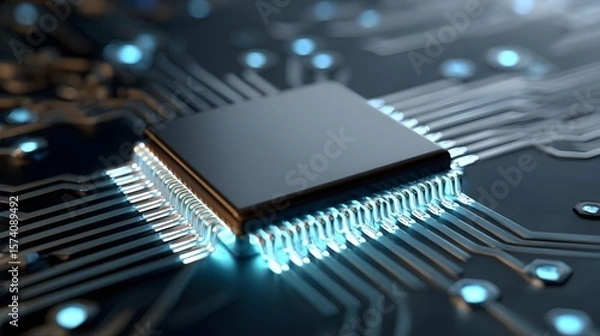 Fototapeta Close-Up View of a Microchip on a Circuit Board Highlighting Illumination and Design Elements