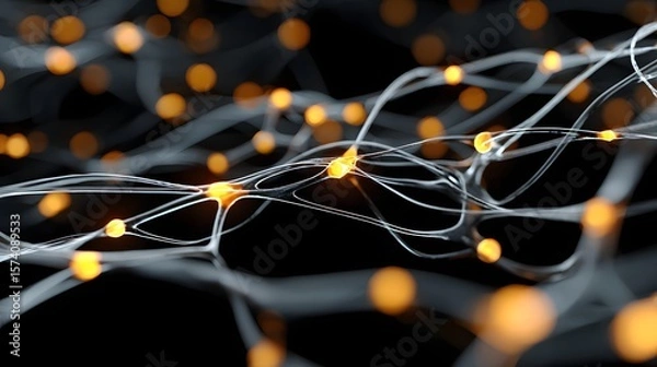 Fototapeta Abstract Technology Background With Orange Lights and Flowing Networks in Digital Environment