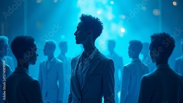 Obraz A group of people standing in a room with blue lighting and a woman in a suit in the foreground