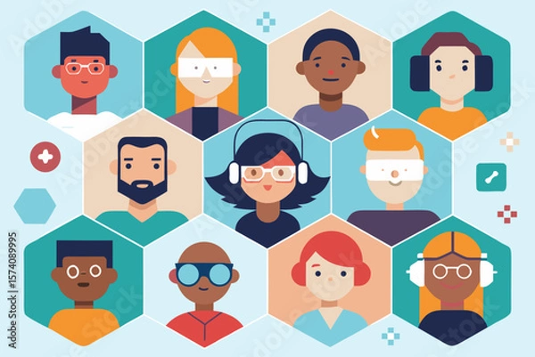 Fototapeta Diverse group of people wearing accessories and headwear in geometric hexagonal frames illustration