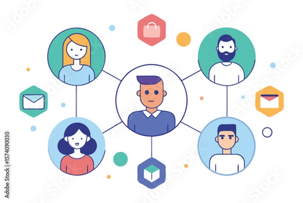 Fototapeta Flat design illustration depicting networking connections between people, with communication icons and shapes.