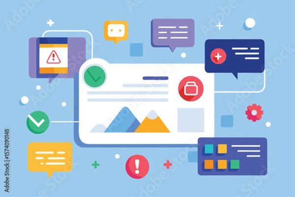 Fototapeta Flat design illustration of ui elements and icons representing website management and status notifications.