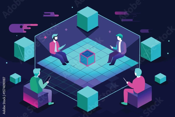 Fototapeta Four professionals collaborate within a digital isometric workspace to analyze and strategize creative concepts in a futuristic environment.