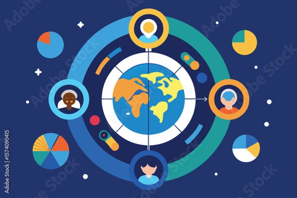 Fototapeta Global community and diversity depicted with circular charts and human icons on a modern graphic design background
