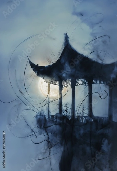 Obraz Abstract Ink Shadow Of A Pavilion Under Moonlight