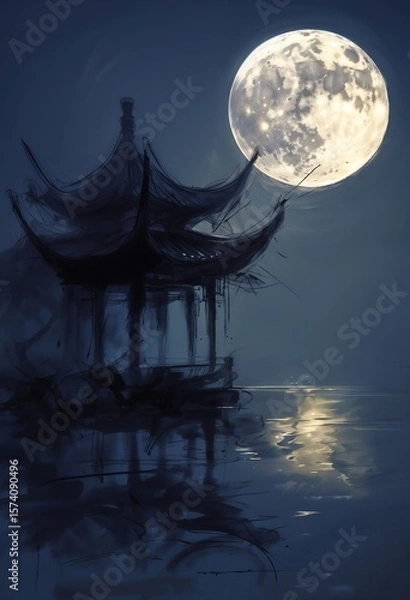 Obraz Abstract Digital Painting of a Chinese Pavilion Under Moonlight