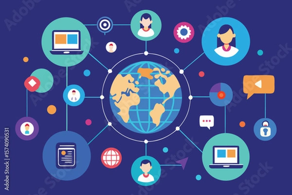 Fototapeta Global network of communication connecting people worldwide through digital devices and information sharing