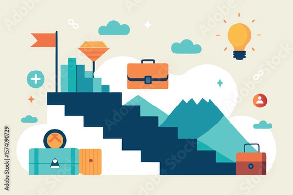 Fototapeta Illustrative depiction of career advancement showing steps with briefcase flag and reaching the top with ideas.