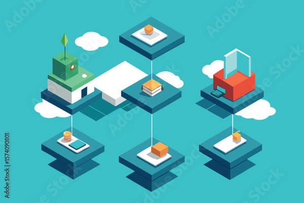 Fototapeta Isometric illustration of a connected network showing data transfer and cloud computing capabilities