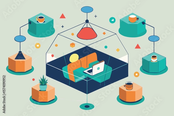 Fototapeta Isometric illustration of a person working remotely on a laptop with coffee and plant elements included.