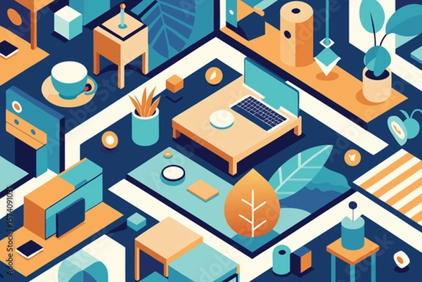 Fototapeta Isometric illustration of a modern workspace with computer desk plants and geometric elements suitable for design projects