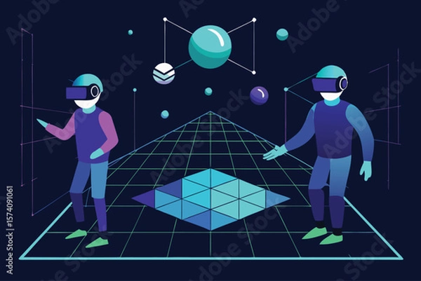 Fototapeta Metaverse exploration two people experience virtual reality world with futuristic technology concept