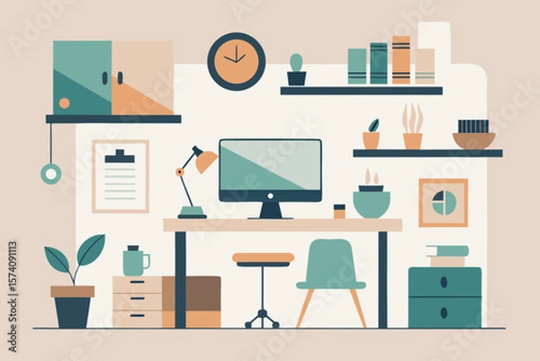 Fototapeta Minimalist home office illustration showcasing desk workspace plants and decorative elements in geometric forms