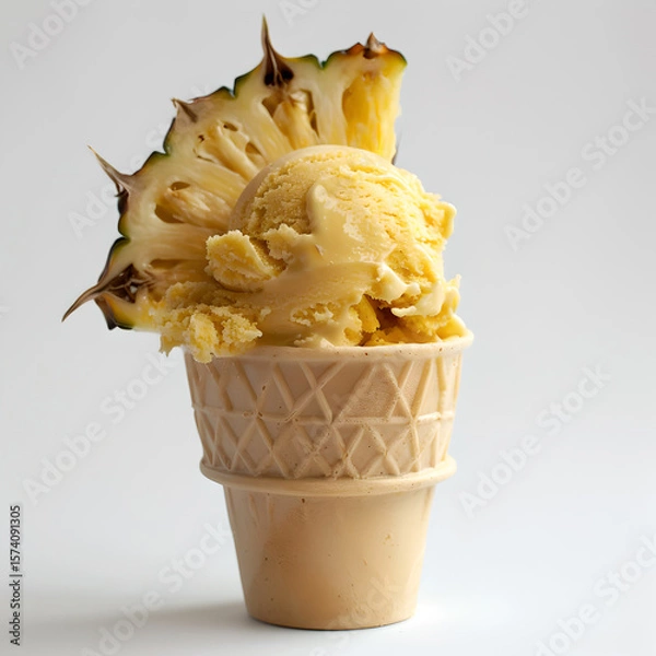 Fototapeta pineapple ice-cream waffle cone with piece of fruit