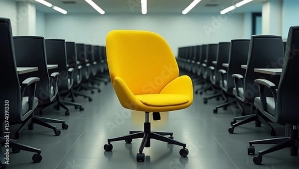 Obraz A bright yellow chair stands out among rows of black chairs in a well lit conference room space