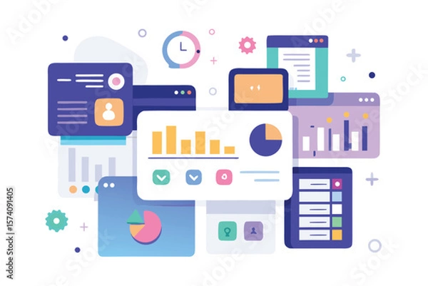 Fototapeta Modern data analysis and reporting illustrations with charts graphs user interfaces and dashboard elements.