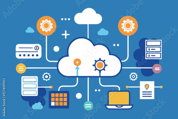 Fototapeta Modern cloud computing illustration displaying data centers synchronization network and wireless technology