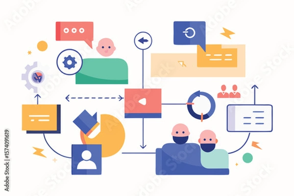 Fototapeta Modern illustration depicting digital workflow process with various icons for communication and user interaction