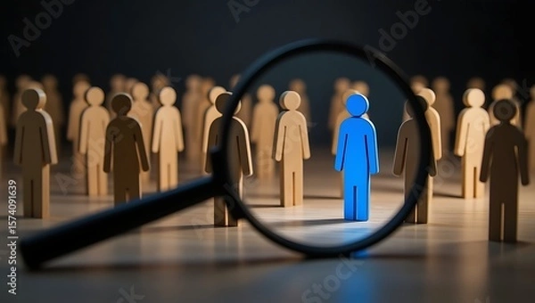 Obraz A blue figure stands out among wooden figures viewed through a magnifying glass in a dark setting