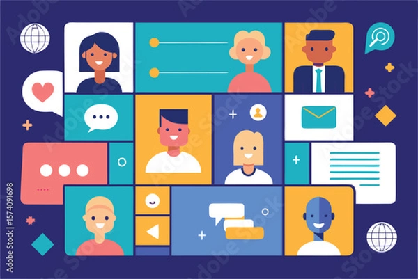 Fototapeta Modern illustration depicting diverse individuals connected through communication and social interaction within a colorful interface.