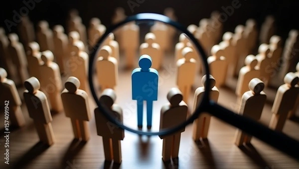 Obraz A blue figure stands out from a crowd of wooden figures seen through a magnifying glass focused on it
