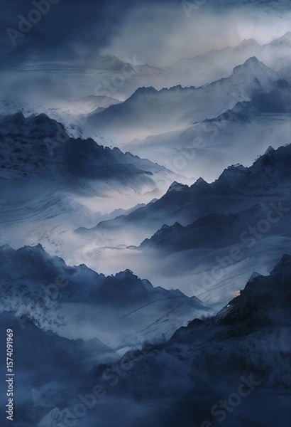 Obraz Abstract Chinese Landscape With Misty Mountains Under Moonlight