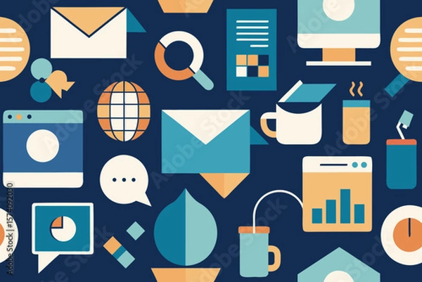 Fototapeta Seamless business icons and symbols background featuring flat design elements in a modern and engaging style
