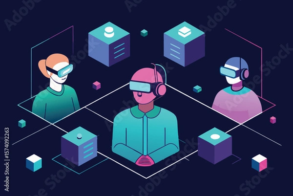 Fototapeta Virtual reality metaverse concept illustration of people interacting in immersive digital world environments