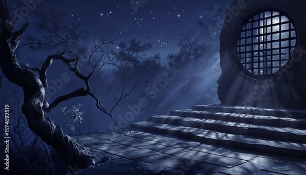 Obraz Moonlit Night Scene in a Dark Garden with Twisted Tree