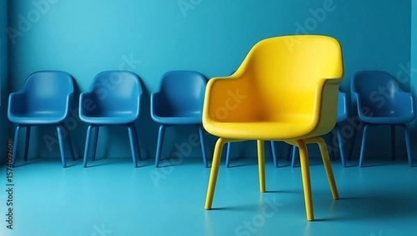 Obraz A yellow chair standing out among a row of blue chairs against a blue wall and floor setting