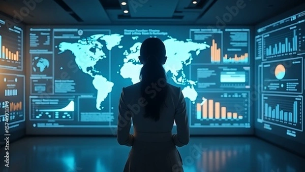 Obraz Woman standing before large screen displaying world map and data visualizations in blue tones