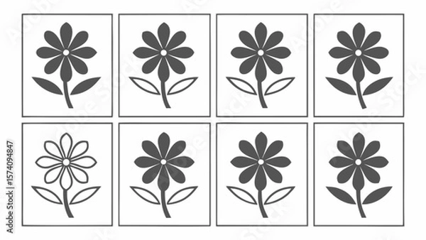 Fototapeta Set of eight simple floral icons with a single flower and two leaves