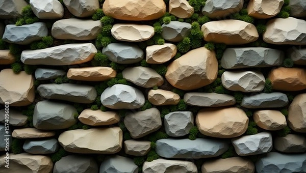 Obraz A full frame shot of a stone wall with green moss growing between the stones in the background