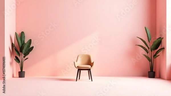Obraz Minimalist pink room with plants and chair creating a serene and modern interior design space