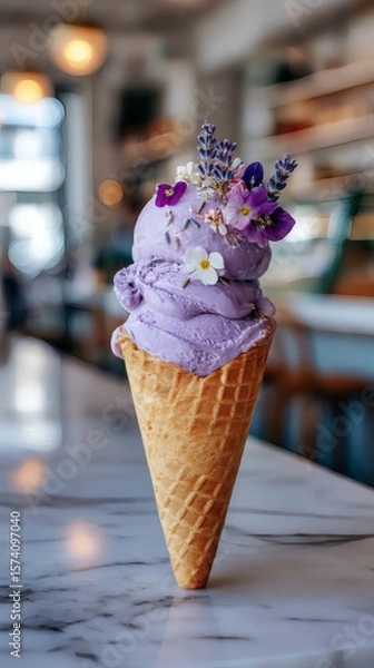 Fototapeta Lavender Ice Cream Cone with Cafe, and Dessert.