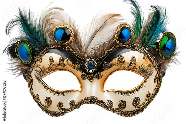 Obraz Ornate venetian mask with feathers and jewel embellishments isolated on white or transparent png