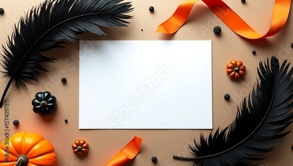 Obraz Halloween themed flat lay with white paper pumpkins feathers and orange ribbon on beige background