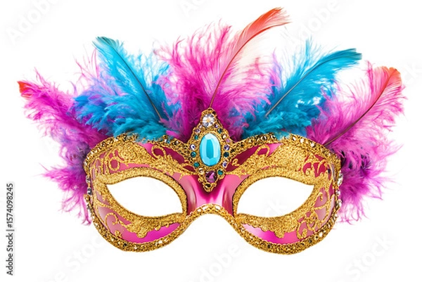 Obraz Ornate venetian mask with gold trim, colorful feathers, and jewel accents