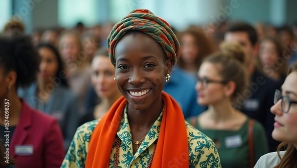 Obraz Portrait of a smiling woman with a headwrap in a crowd of people at an event or conference hall