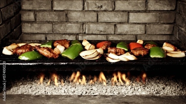 Fototapeta Grilled Meat and Vegetables on a Griddle Over Open Flames