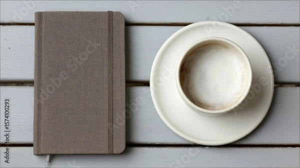 Fototapeta Minimalist Flat Lay Closed Notebook and Coffee Cup on Gray Wood