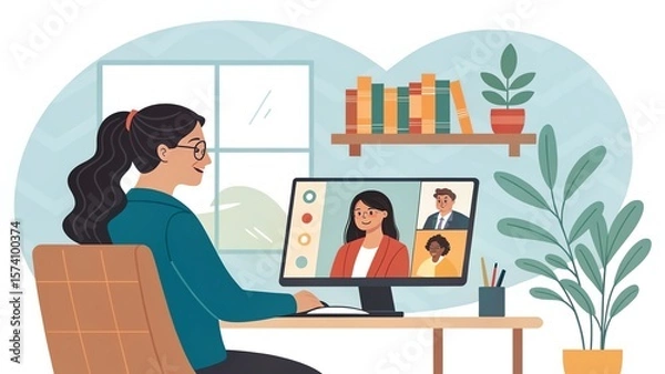 Fototapeta Woman video conferencing with colleagues remotely
