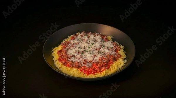 Fototapeta Spaghetti with Meat Sauce and Parmesan on Black Plate
