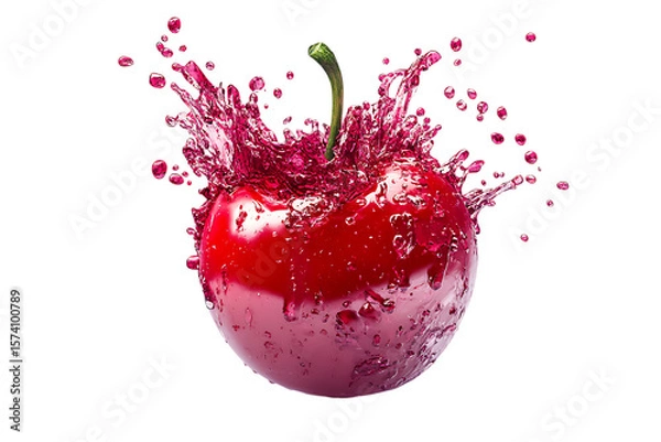 Obraz Red cherry with stem submerged in water creating a splash isolated on white or transparent png