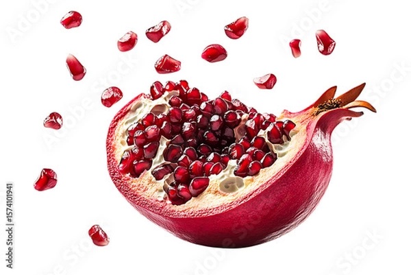Obraz Cut pomegranate with seeds floating isolated on white or transparent png