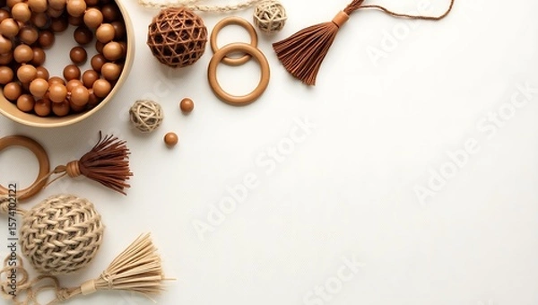 Obraz A flat lay of wooden beads, rings, and woven balls on a white surface with tassels and string