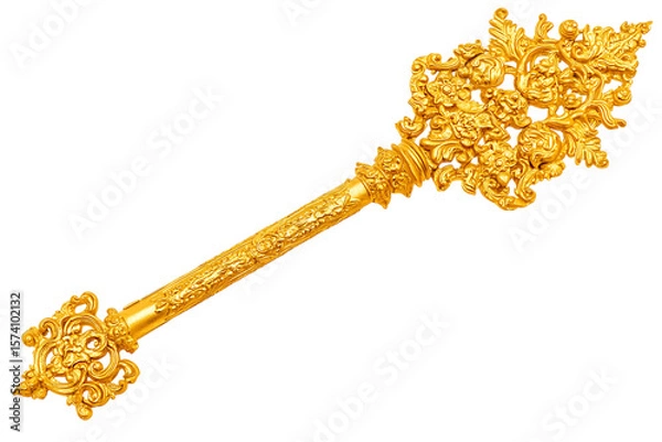 Obraz Ornate golden key with floral details isolated isolated on white or transparent png