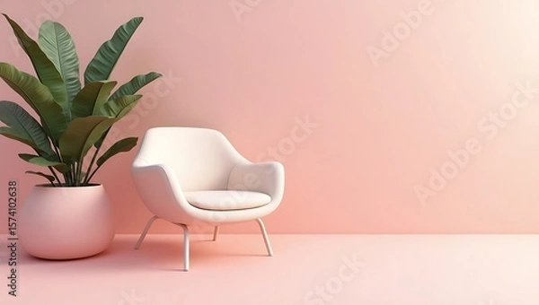 Obraz A pink room with a white chair and a plant in a pot against a pink wall with light shining