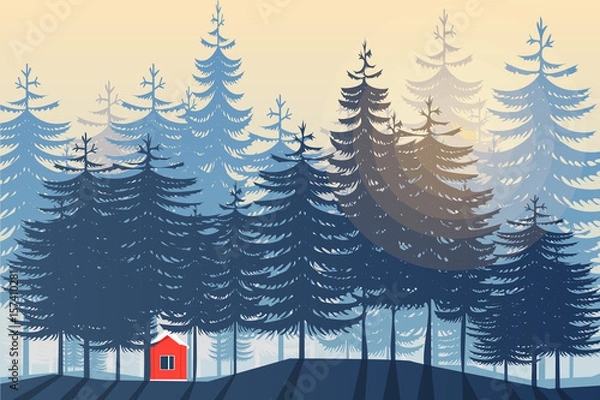 Obraz Red house in deep blue forest