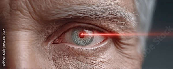 Fototapeta A close-up of an eye with a futuristic red laser beam emanating, symbolizing advanced technology and innovation